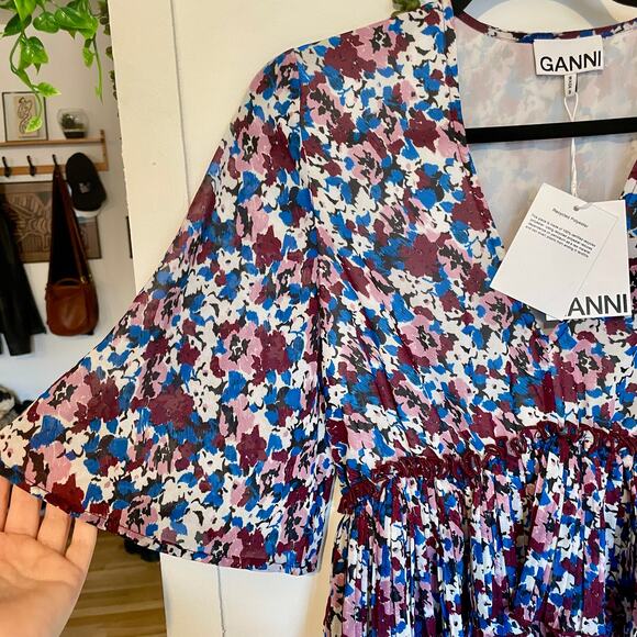 NWT Ganni Pleated Georgette Mini Dress Multi-Color Flounce V-Neck NEW sz 36 - Picture 7 of 16